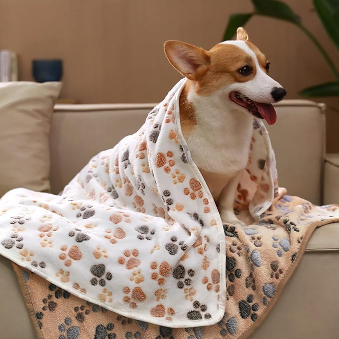 1 Pack 3 Blankets Super Soft Fluffy Premium Fleece Pet Blanket Flannel Throw for Dog Puppy Cat Paw Brown/Pink/White Medium(30x20 inch)