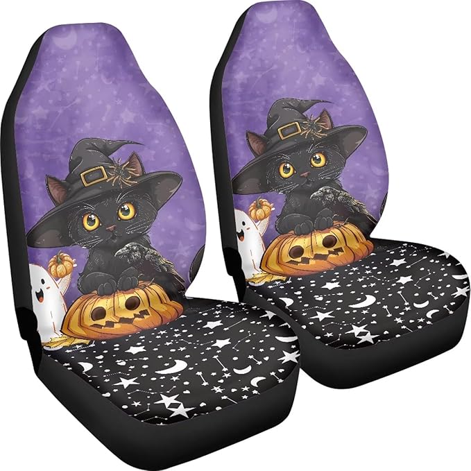 UNICEU Car Seat Covers Halloween Cute Cat Set 2Pcs Universal