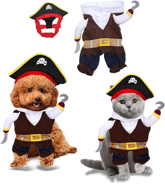 2Pcs Dog Pirate Costume Outfits Captain Hook Cat Clothes Funny Dog Caribbean Hat Halloween Party Costumes Cosplay for Pet Small Medium Puppy Chihuahua Yorkie Corgi (Medium)