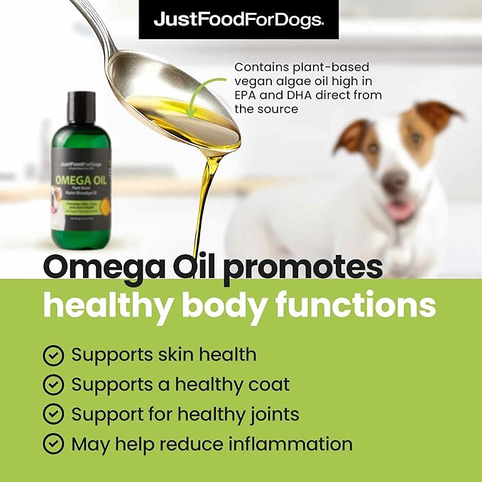 JustFoodForDogs Omega Plus Oil Omega-3 Supplement for Dogs, Skin & Coat Support, Joint Health, EPA & DHA from Algae Oil, Sustainable & Eco-Friendly - 8 oz