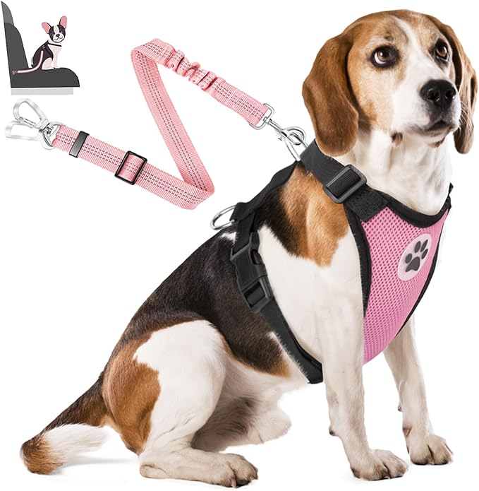 Lukovee Dog Seat Belt for Car, Adjustable Dog Car Harness for Large Medium Small Dogs, Soft Padded & Breathable Mesh Dog Seatbelt with Car Strap and Carabiner(Pink Double Clip,Small)