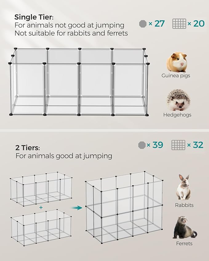 SONGMICS Pet Playpen with Floor, Small Animal Pen, Pet Fence Indoor, DIY Plastic Enclosure for Hamsters, Hedgehogs, 57.1 x 28.3 x 22.4 Inches, White ULPC007W01