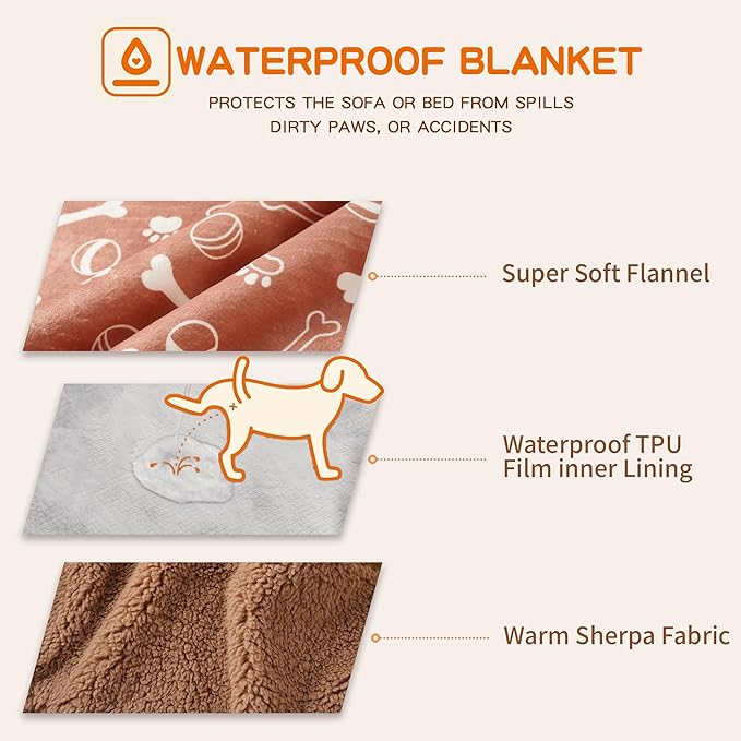 Waterproof Dog Blankets Pet Blanket 50"x60", Soft Fluffy Sofa Car Bed Protector, Reversible Sherpa Fleece Dog Blanket for Large Dogs (Light Brown-Baseball)