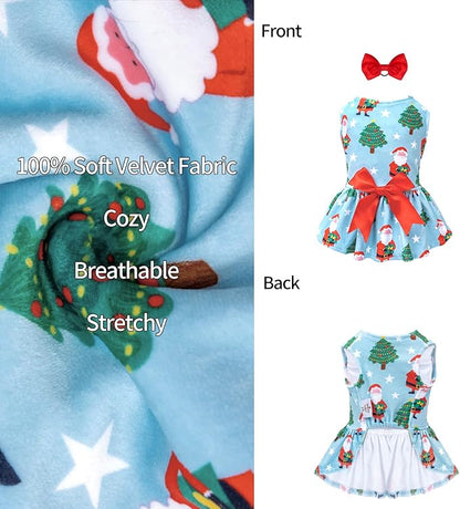 CuteBone Dog Dresses Velvet Holiday Small Dogs Clothes Onesie Pet Apparel Girl Puppy Skirt with Bow Hair Rope CVA34L