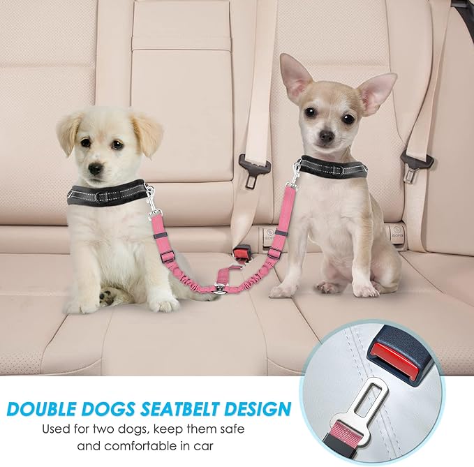 SlowTon Dog Seat Belt, Double Dog Seatbelt Adjustable Vehicle Safety Leash with Elastic Bungee Buffer, Reflective No Tangle Y Shape Two Dog Harness Seat Belt Splitter for Pets Car Trip Travel(Pink, S)