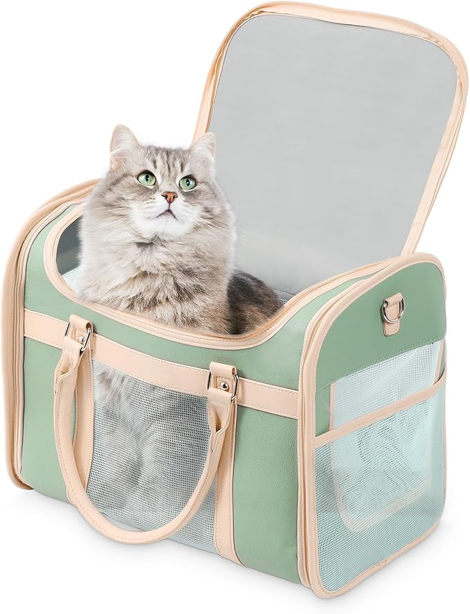 Cat and Dog Tote Bag for Medium Sized Cats up to 15 LBS, Foldable, Most TSA Airline Approved Carrier Soft Sided，Tote/Shoulder Pack,Cute cat Carrier——Avocado Green