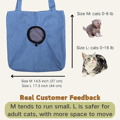 Cat Out Bag, Cute Cozy Cartoon Hands Free Show Head Cat Sling Carrier, Cat Restrainer Shoulder Bag for Outdoor Travel (Denim, Medium)