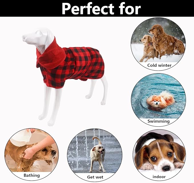 Geyecete Dog Drying Coat -Dry Fast Dog Bag-Dog Bathrobe Towel-Microfibre Fast Drying Super Absorbent Pet Dog Cat Bath Robe Towel-Red Black Grid-M