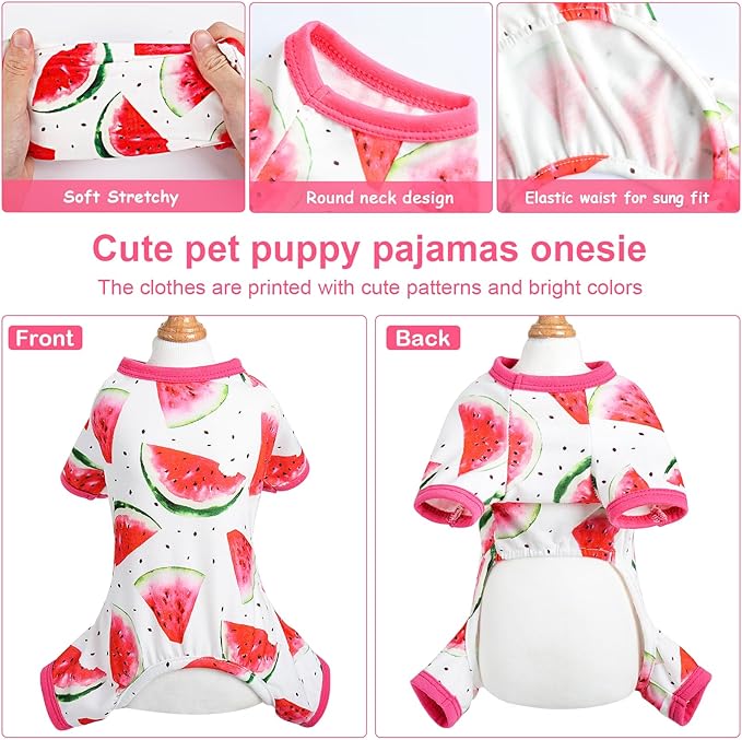 Soft Stretch Pet Clothes Dog Pajamas for Small Dogs Boy Girl Cute Puppy Clothes Dog Pjs Summer Dog Jammies Onesies Dog Outfits for Chihuahua Yorkie Teacup Cat Apparel Clothing (Small, Watermelon)