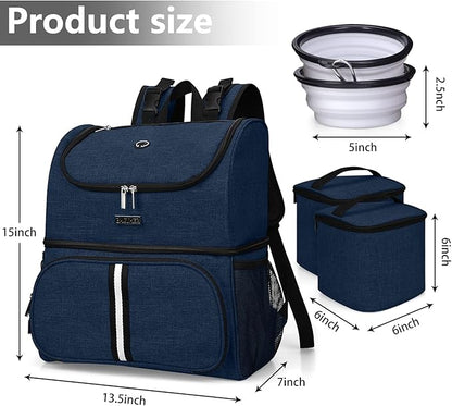 BAGLHER Pet Travel Bag, Double-Layer Pet Supplies Backpack (for All Pet Travel Supplies), Pet Travel Backpack with 2 Silicone Collapsible Bowls and 2 Food Baskets Dark Blue