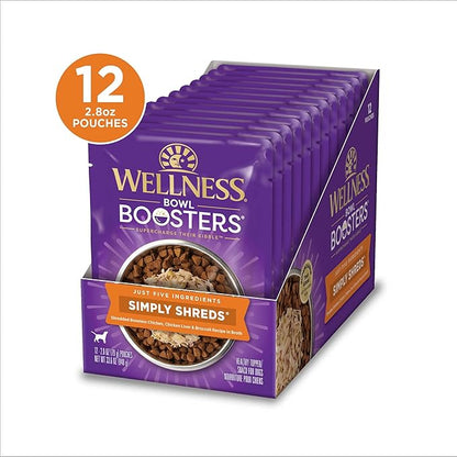 Wellness CORE Simply Shreds Natural Grain Free Wet Dog Food Mixer or Topper, Chicken Liver & Broccoli, 2.8-Ounce Pouch (Pack of 12)