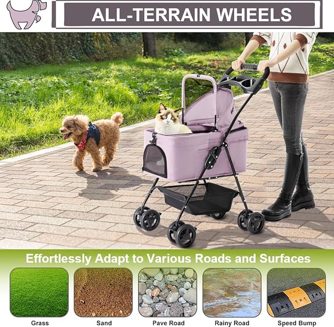 3 in 1 Pet Stroller for Small Dogs and Cats 4 Wheels