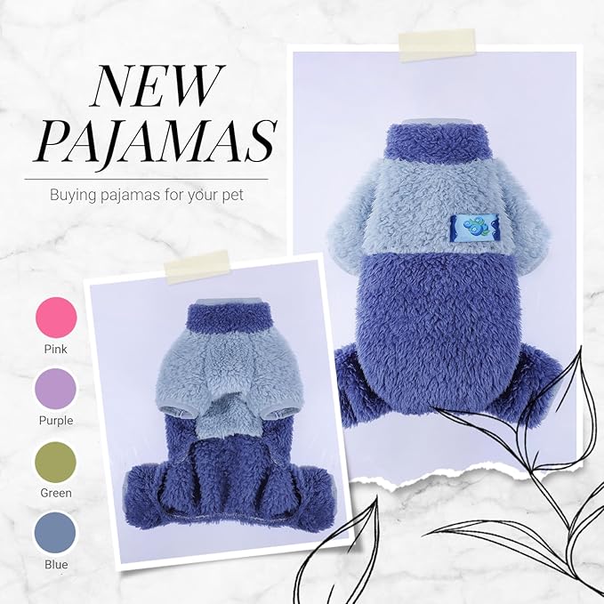 Dog Pjs for Small Dogs Chihuahua Yorkie Clothes Fleece Warm Puppy Pajamas Sweater Onesie Pink Pet Clothes Outfit Apparel (Blue