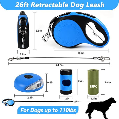 Heavy Duty Retractable Dog Leash for Large Dogs 26ft with 2 Poop 360° No 110Lbs. (Blue, 26ft)