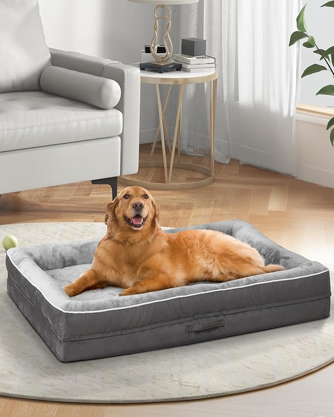 X-Large Orthopedic Dog Bed, Egg Foam Dog Couch with Removable Washable Cover, Waterproof Pet Sofa Bed with Non-Slip Bottom and Four-Sided Bolster Cushion, Gray Dog Beds for Large Sized Dog