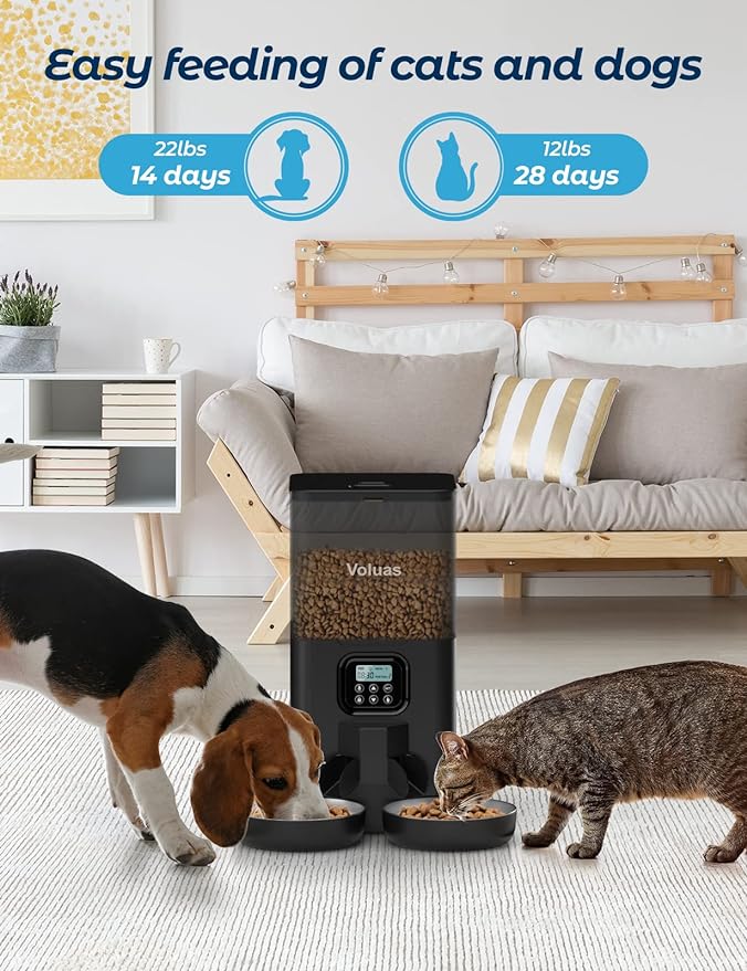 Voluas Automatic Cat Feeders for Two Cats, Double Pet Feeder with 2 Stainless Steel Bowls,6L Timed Cat Feeder with Memory Function, Pet Food Dish