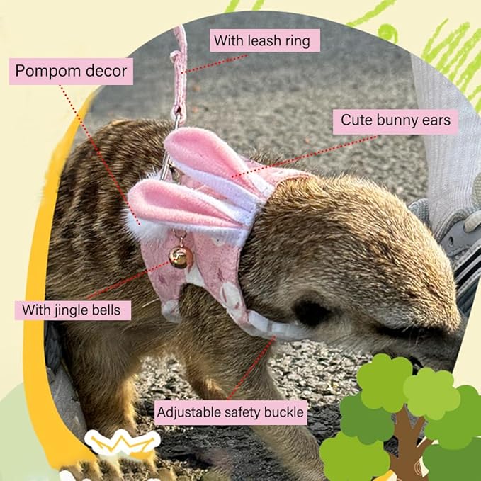 Ferret Harness and Leash Set with Bell Ferret Clothes Small Animals Accessories Bunny Ears Costume for Ferret Baby Rabbit Guinea Pig and Small pet Pink