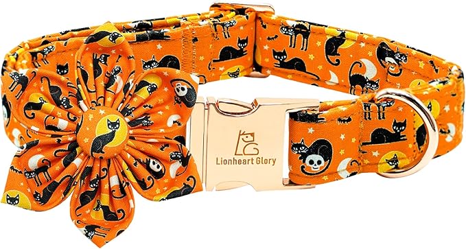 Lionheart glory Premium Halloween Dog Collars Flower Dog Collar Heavy Cotton Adjustable Fall Dog Collar for Large Dogs Cat Print Dog Collar Flower Dog Collar with Bow Tie
