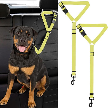 2 Packs Dog Cat Safety Seat Belt Strap Car Headrest Restraint Adjustable Nylon Fabric Dog Restraints Vehicle Seatbelts Harness (Yellow)