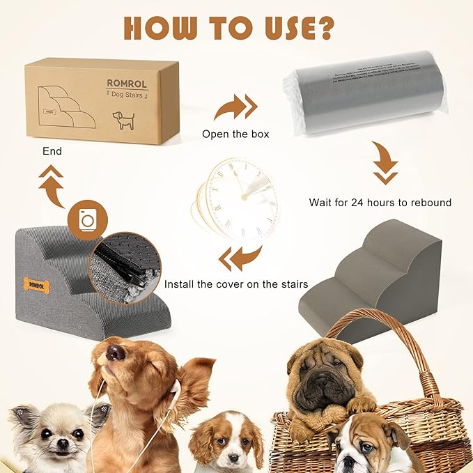 Romrol Dog Stairs Ramp for Beds Couches 3-Tiers