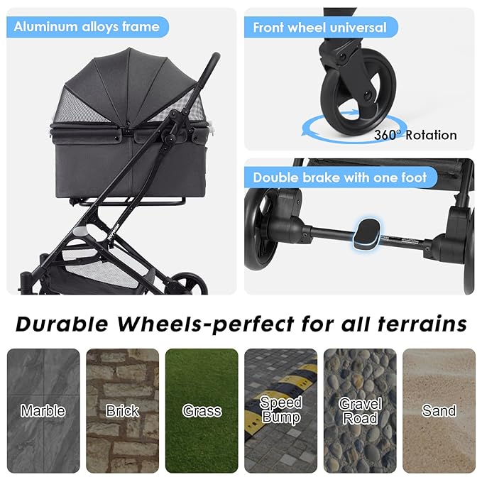 R4 Pet Stroller for Small Dogs & Cats 180° Canopy