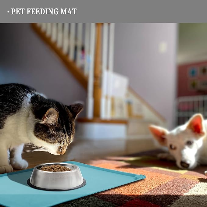 Reopet Waterproof Pet Feeding Mat with High Raised Edges, Heavier and Thicker Placemats for Cat Dog Water Bowl, BPA Free Silicone Feeding Mat, Dog Cat Feeding Mats for Food and Water Prevent Spill