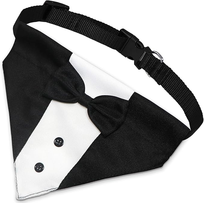 Dog Tuxedo Dog Suit Dog Wedding Bandana Collar with Bow Tie, Adjustable Dog Tux Formal Dog Costumes, Engagement Birthday Tuxedo for Small Medium Large Dogs Pets (Large: Neck 15”-25”)