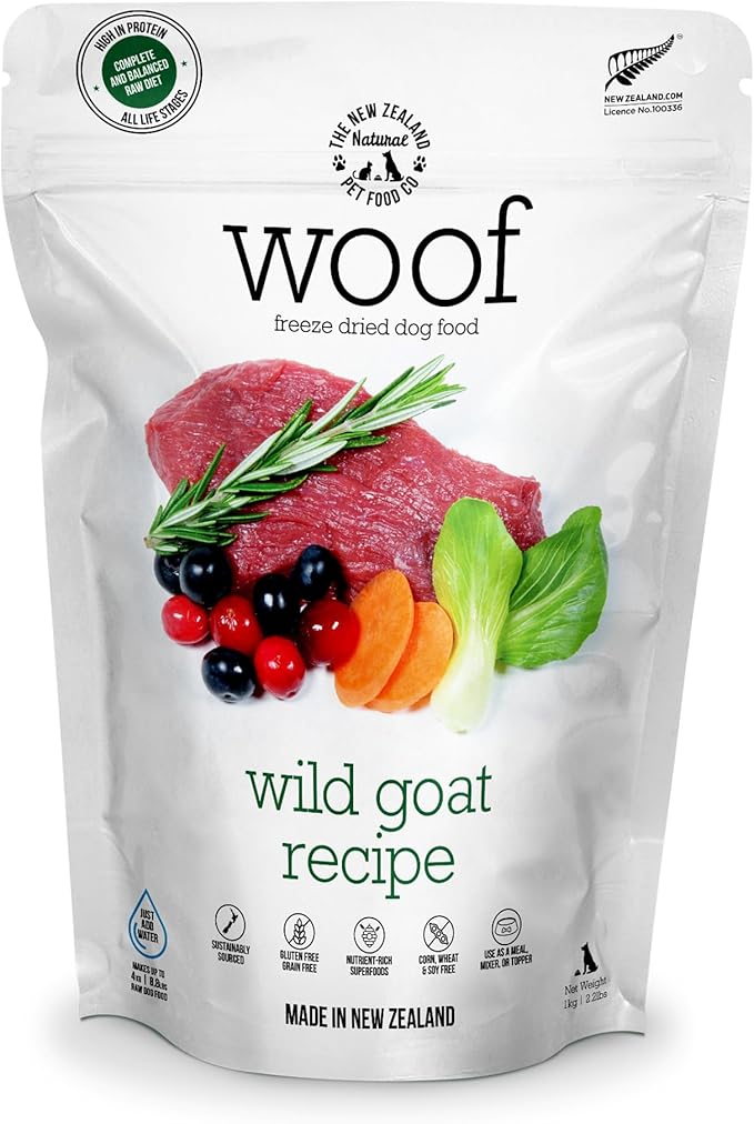 WOOF Freeze Dried Dog Food - Wild Goat Recipe, High Protein Dog Treats, Natural Dog Food Topper or Snacks,2.2 lb