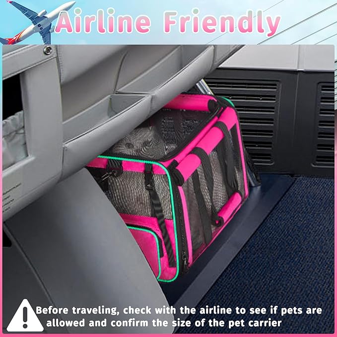 Pet Carrier, Durable Airline Approved Dog Cat Carrier, Collapsible Cat Travel Carrier Bag with Rollable Cover, Soft Cat Carrier for Small Medium Cats & Dogs Under 20 lbs, Pink