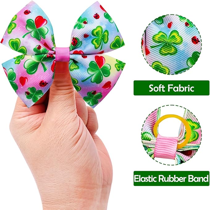 24Pcs/12 Pairs 4" Big St. Patrick's Day Dog Hair Bows with Rubber Band Three