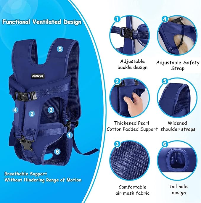 PetBonus Pet Front Dog Carrier Backpacks, Adjustable Dog Backpack Carrier, Legs Out Easy-fit Dog Chest Carrier for Medium Small Dogs, Hands Free Dog Front Carrier for Hiking, Cycling (Navy Blue, S)