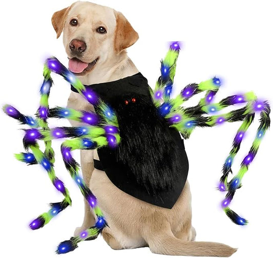 Dog Halloween Costumes, Furry Dog Spider Costume with 64 LED, Giant Spider Halloween Costume for Medium Large Dogs, Funny Dog Halloween Costumes for Cat Pet Halloween Party Cosplay (Green)