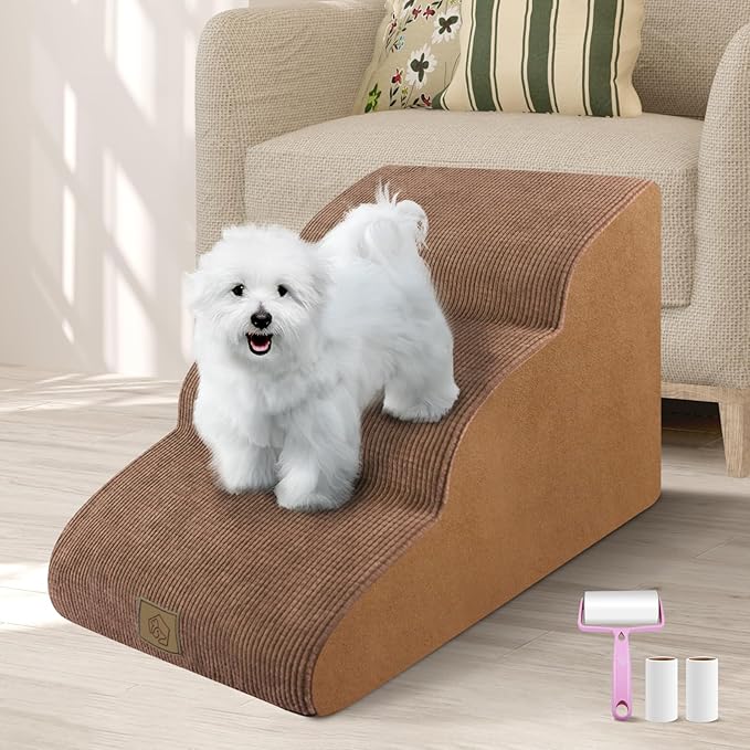 3-Tiers Foam Dog Stairs for High Bed Sofa,High Density Foam Ramp Steps Stairs with Soft Fabric Cover,Slope Stairs Friendly to Pets Joints,Machine Washable Fabric Cover,1 pcs Lint Roller with 2 Refills