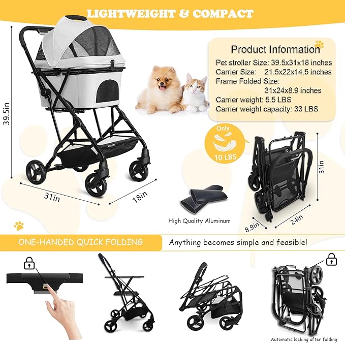 Dog Stroller for Small/Medium Dogs Cats Up to 33LBS 3-in-1 Lightweight