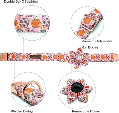 Lionheart glory Premium Halloween Dog Collars Flower Dog Collar Heavy Cotton Adjustable Fall Dog Collar for Small Dogs Pumpkin Dog Collar Flower Dog Collar with Bow Tie
