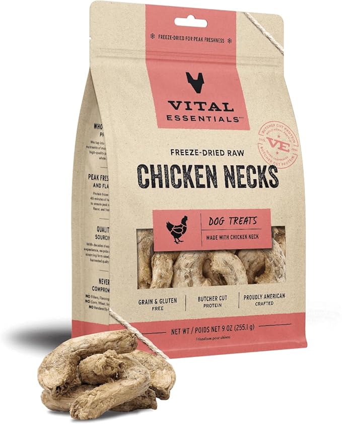 Vital Essentials Freeze Dried Raw Single Ingredient Dog Treats, Chicken Necks, 9 oz