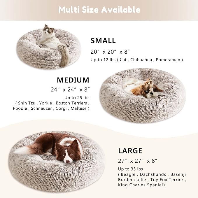 Western Home Faux Fur Dog & Cat Bed, Original Calming Bed for Small Medium Large Pets, Anti Anxiety Donut Cuddler Round Warm Washable Bed for Indoor Cats(20", Khaki)