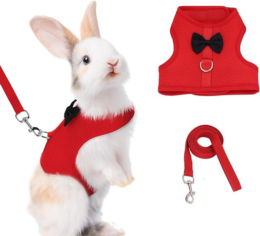 AIITLE Rabbit Harness and Leash Set with Cute Bow, Christmas Soft Breathable Mesh Vest Harness for Rabbits Kitten Ferret Puppy Small Pets Walking Supplies Red S