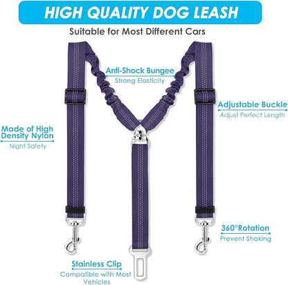 SlowTon Dog Seat Belt, Double Dog Seatbelt Adjustable Vehicle Safety Leash with Elastic Bungee Buffer, Reflective No Tangle Y Shape Two Dog Harness Seat Belt Splitter for Pets Car Trip (Purple, S)