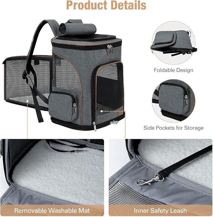 Lekereise Pet Carrier Backpack Expandable Cat Backpack for Medium Dogs and Large Cats 20-25 Lbs, Grey