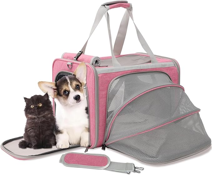 HSC PET Small Dog Carrier Pet Bag,Airline Approved,Expandable Softsided Totes Travel Handbag for Large Kitty,Puppy,Kittens Sturdy Transport Trip Purse,MAX 18lb(Pink, 1Side Expandable)