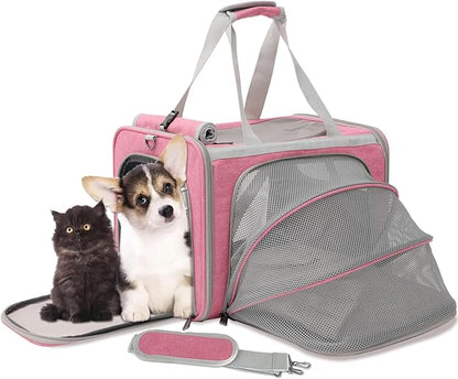 HSC PET Small Dog Carrier Pet Bag,Airline Approved,Expandable Softsided Totes Travel Handbag for Large Kitty,Puppy,Kittens Sturdy Transport Trip Purse,MAX 18lb(Pink, 1Side Expandable)