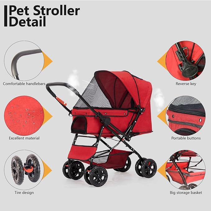 Reversible Handlebar Pet Stroller for Medium Dogs 360 Rotating 2 Security