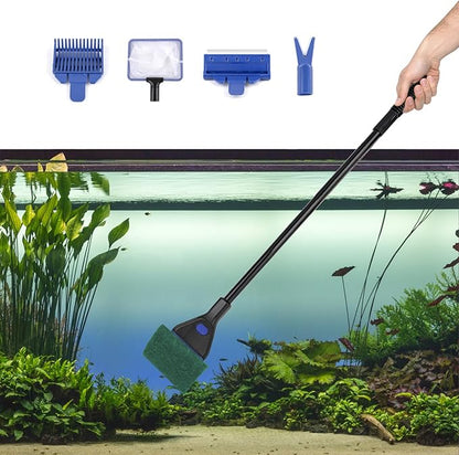 Aquarium Fish Tank Cleaning Kit Tools, Fish Tank Cleaning Kit with Long Handle, 5 in 1 Cleaning Set Includes Fish Net Algae Scraper Plant Fork Sponge Brush Gravel Rake