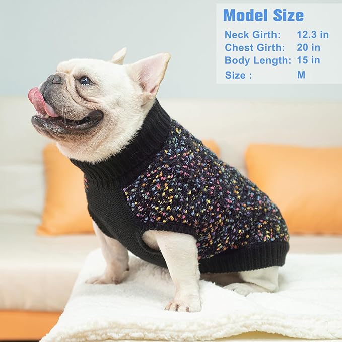 BEAUTYZOO Cable Knit Small Dog Sweater, Color Block with Fuzzy Thread Knitted Turtleneck Dog Knitwear with Dots in a Variety of Colors for Small Medium Dogs Fall Winter Dog Clothes, XS Black