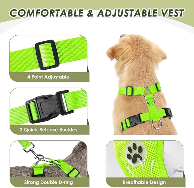 SlowTon Dog Seat Belt Harness for Car, Dog Car Harness Adjustable Mesh Breathable & Dog Seatbelt Safety Tether with Elastic Bungee for Small Medium Large Pets(Lime, Double Clip, S)