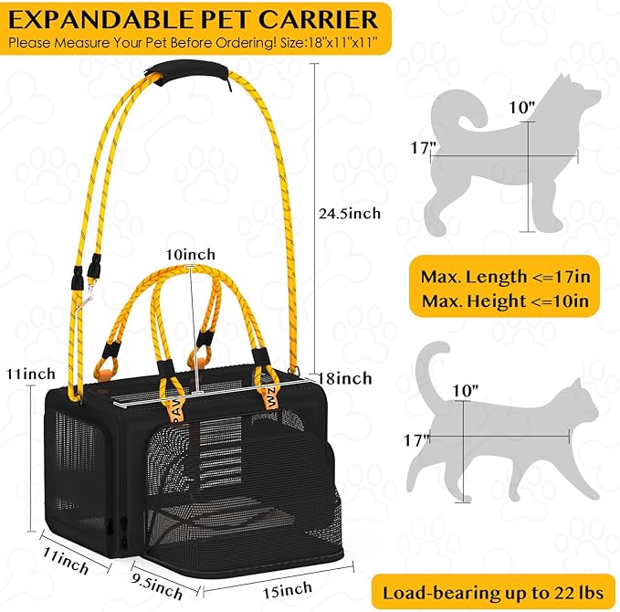 PAWZIDEA Expandable Pet Carrier w/ID Card, 18X11X11 TSA Airline Approved Cat Carrier for 2 Cats Under Seat, Soft-Sided Collapsible Small Dog Carrier Car Seat Travel Bag, Medium Cat Carrier Top Load