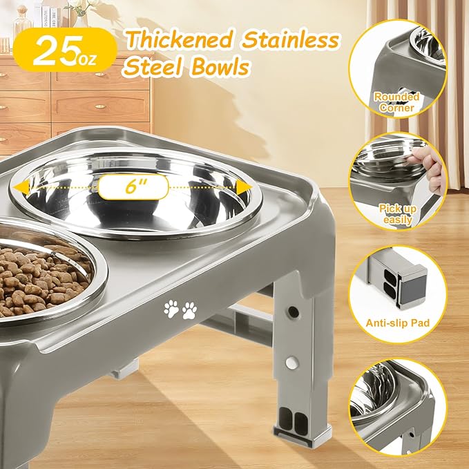 Elevated Dog Bowls for Small Dogs 3 Height Adjustable Raised Dog Bowl Stand with 25oz Stainless Steel Dog Food Bowls Anti-Slip Small Dog Feeder Adjusts to 7.5", 6", 2.75", Light Brownish Gray