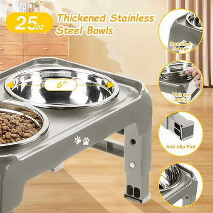 Elevated Dog Bowls for Small Dogs 3 Height Adjustable Raised Dog Bowl Stand with 25oz Stainless Steel Dog Food Bowls Anti-Slip Small Dog Feeder Adjusts to 7.5", 6", 2.75", Light Brownish Gray