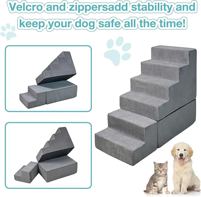 6 Steps Dog Stairs, 30 inches Dog Steps for High Bed 30-36 Inches, LitaiL Pet Stairs for Small Dogs, Older Injured Pets with Joint Pain, Non-Slip Pet Foam Ramps No Assembly